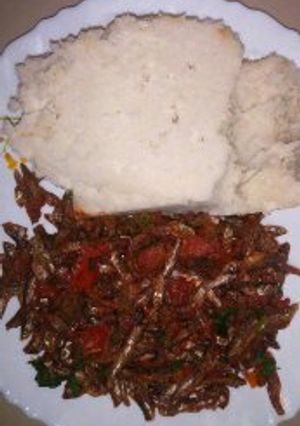 A picture of Fried Omena and Ugali.