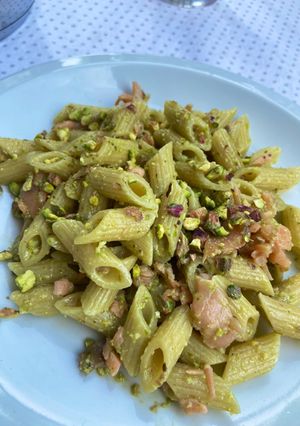 A picture of Pasta with Pesto, Pistachios, and Smoked Salmon.