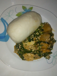 A picture of Pounded yam & okro soup.