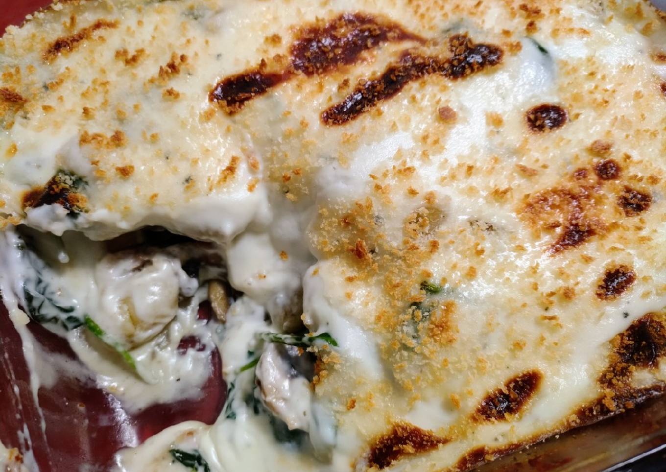 Gnocchi, mushroom, and blue cheese bake