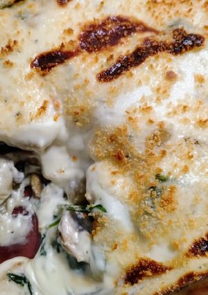 A picture of Gnocchi, mushroom, and blue cheese bake.
