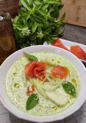 A picture of Cucumber Gazpacho with Kefir and Smoked Salmon.