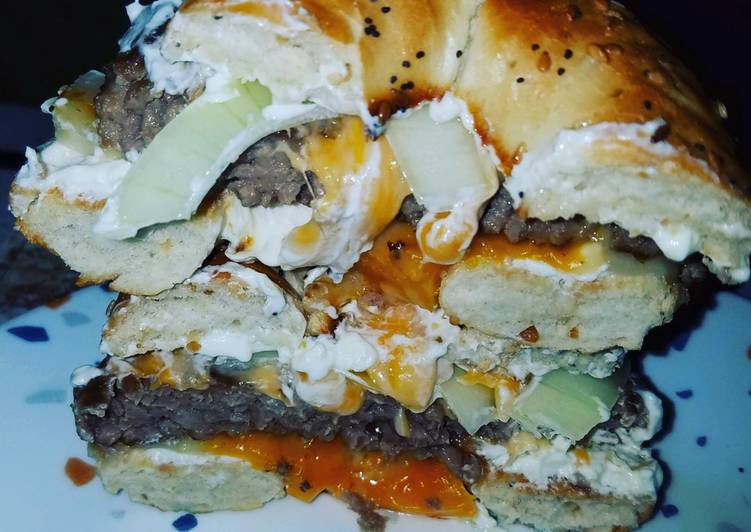 Everything Bagel Fried Onion Cream cheese Cheddar Cheese Burger Everything Bagel Fried Onion Cream cheese Cheddar Cheese Burger