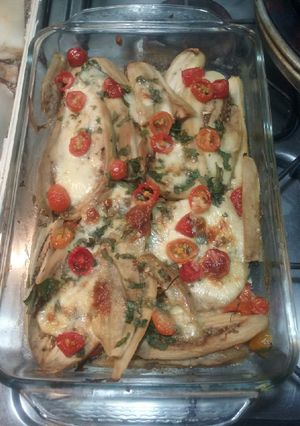 Una foto de Lasagna de berenjena, tomate cherry y queso