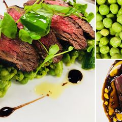 Balsamic Marinated Fullblood Wagyu Filet with Spring Pea Risotto A picture of Balsamic Marinated Fullblood Wagyu Filet with Spring Pea Risotto.