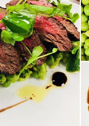 A picture of Balsamic Marinated Fullblood Wagyu Filet with Spring Pea Risotto.