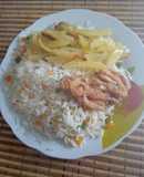Arroz a la jardinera con pollo broaster