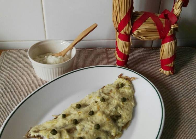 Lenguadina con costra de puerro y alcaparras