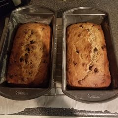 A picture of Banana bread with chocolate chips.