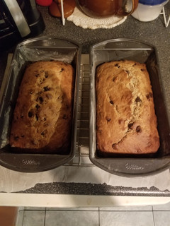 A picture of Banana bread with chocolate chips.