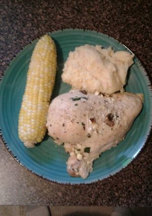 A picture of Baked stuffed chicken breast w/mushroom,spinach and feta cheese.