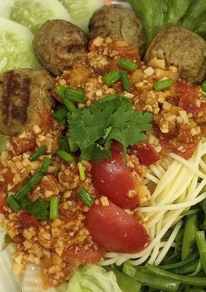 รูปของ สปาเก็ตตี้น้ำพริกอ่อง meatless meatball (มังสวิรัติ)