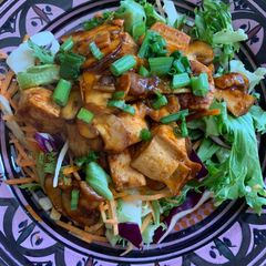 A picture of Vegan Friendly: Tofu Mushroom with Korean Spicy Sauce.
