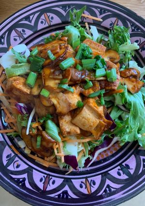 A picture of Vegan Friendly: Tofu Mushroom with Korean Spicy Sauce.