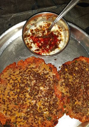 A picture of #Hw#मार्च#my1strecipe #mixchillawithpeanutbutterandflaxseeds.