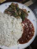 Coconut rice, fry chicken and ground nut soup