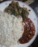 Coconut rice, fry chicken and ground nut soup