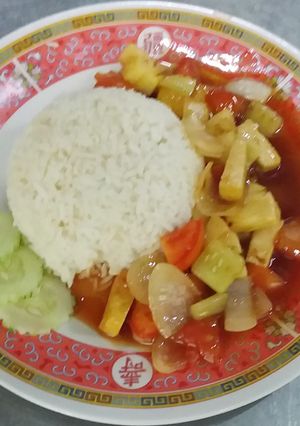 รูปของ ผัดเปรี้ยวหวานไก่ยอ ราดหน้าข้าว