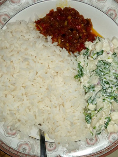 A picture of White rice and stew with Salad.
