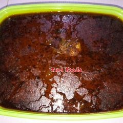 A picture of Banga Soup with Dry fish, Ponmo, Goat meat and Chicken.
