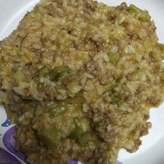 A picture of Cheesy Beef Broccoli and Rice.