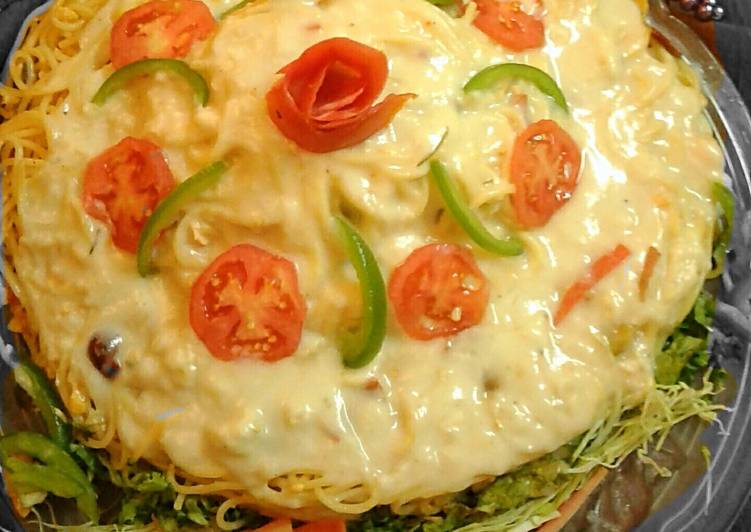 Steps to Make Favorite Chicken Cheese Spaghetti Cake