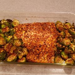 A picture of Baked Salmon with Brussel Sprouts.