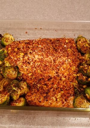 A picture of Baked Salmon with Brussel Sprouts.
