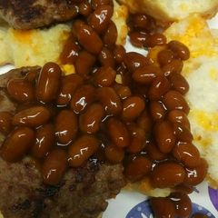 A picture of 4th of July Beans on a Biscuit for Breakfast.