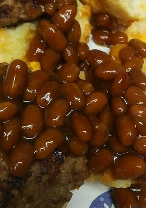 A picture of 4th of July Beans on a Biscuit for Breakfast.