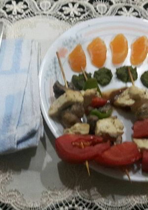 A picture of Grilled Paneer mushrooms on Satay sticks.