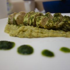 A picture of Cilantro lime chicken with spiced lentil puree.