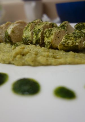 A picture of Cilantro lime chicken with spiced lentil puree.
