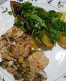 Mollejas al limón y verdeo con papas, batatas y rúcula