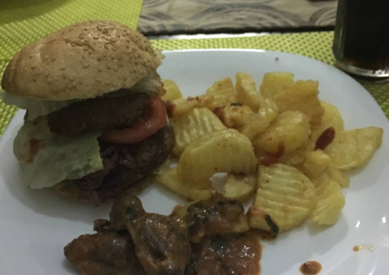 Potato wedges,wet fried gizzards and burger