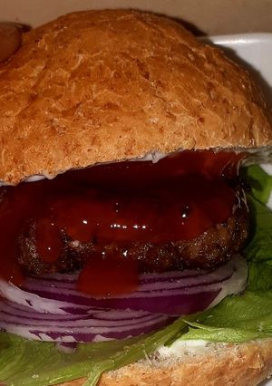 A picture of Home made beef burger.