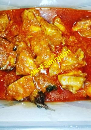 A picture of Tomato stew with chicken and fried fish.