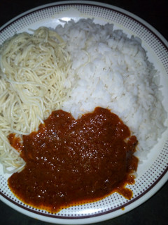 A picture of Rice and spaghetti.