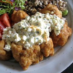 A picture of Sweet Sour Chicken with Tartar Sauce.