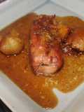 Redondo de pollo con patatas y naranjas