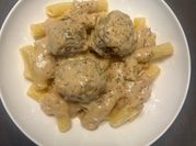 A picture of meatball and egg noodle