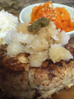A picture of Japanese style chicken patty (+ grated daikon radish & Yuzu pepper).