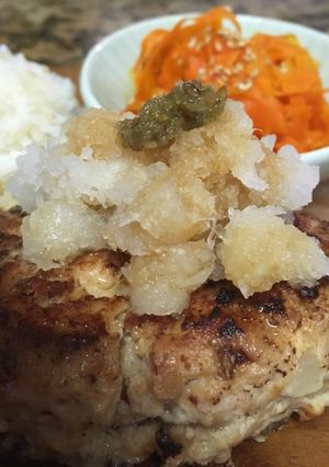 A picture of Japanese style chicken patty (+ grated daikon radish & Yuzu pepper).