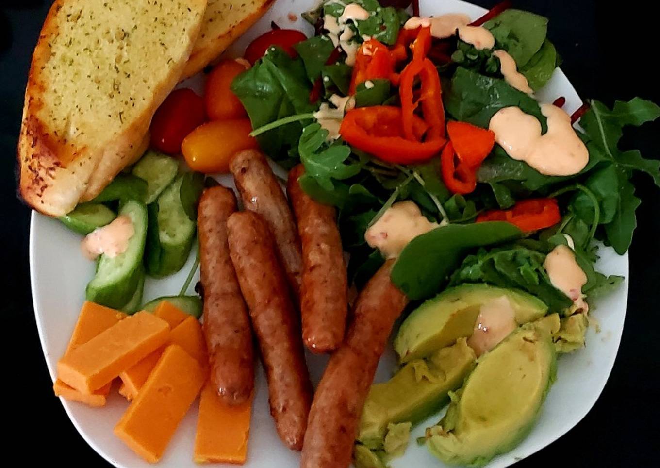 My Pork Sausage Salad with chedder Cheese & Garlic Bread
