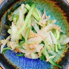 Sesame flavored onion, cucumber and tuna salad A picture of Sesame flavored onion, cucumber and tuna salad.
