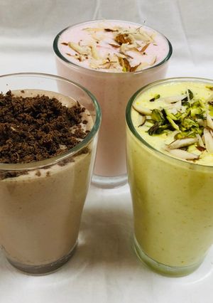 A picture of Rose Lassi Kesar Pistachio Lassi Chocolate Lassi.