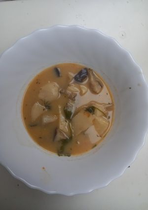 A picture of Thai Inspired King Trumpet Mushroom Soup.