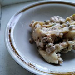 A picture of Deconstructed, "No-bake" broccoli, tuna, and barley lasagna.
