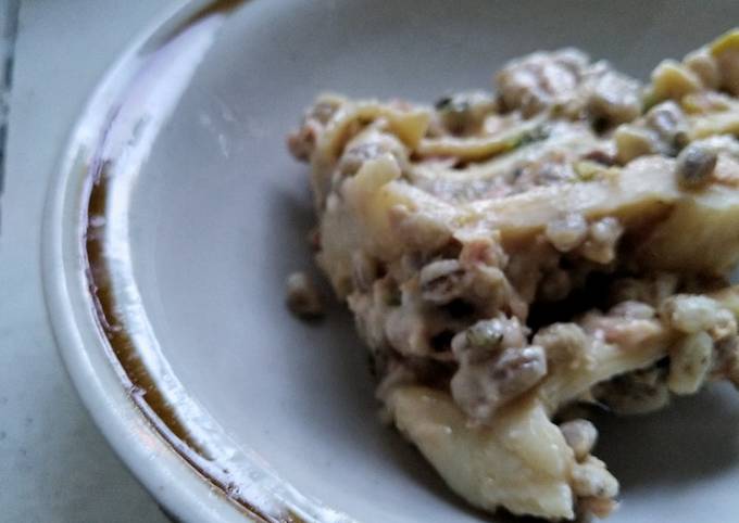 Deconstructed, &quot;No-bake&quot; broccoli, tuna, and barley lasagna