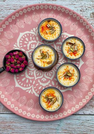 A picture of PhirniIndian creamy rice pudding.